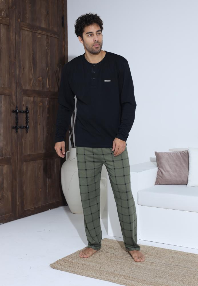 Pijama Barbati ,Maneca si Pantaloni Lungi,Culoare Negru cu Verde,Engros
